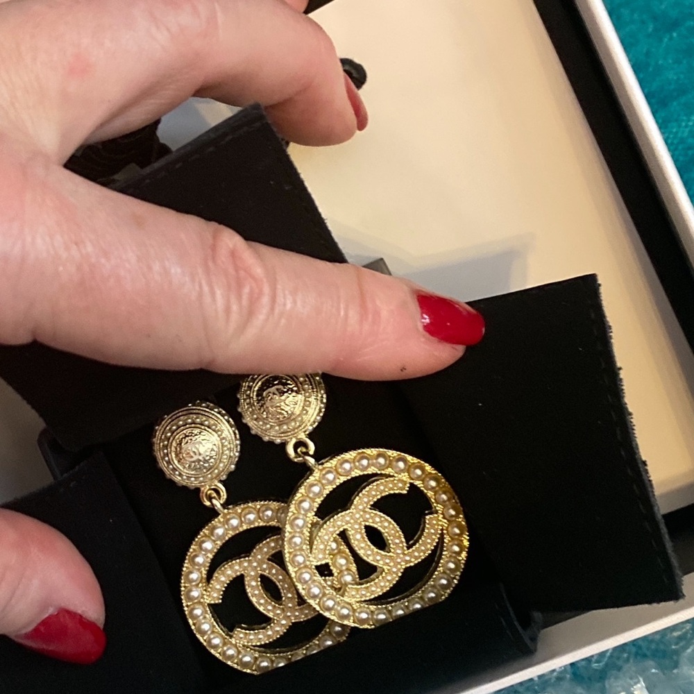 CHANEL Gold and Pearl Logo Earrings